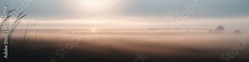 Mystical Veil: Foggy Landscape with Enchanting Trees and Graceful Wheat Straws