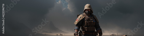 Fierce Fantasy Warrior Roaming the Barren Wasteland in post-apocalyptic scene