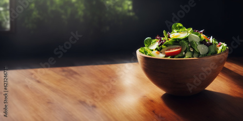 Nourishing Delight: Vibrant Salad in a Wooden Bowl Illuminated by Exquisite Lighting on a Serene Table
