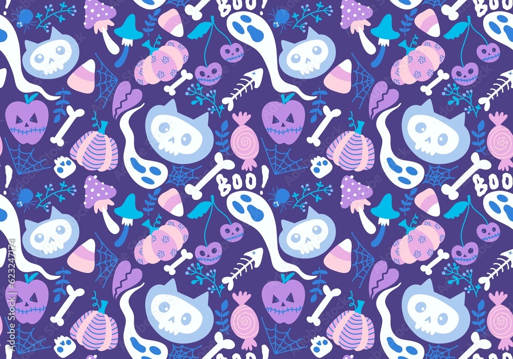 Cartoon Halloween cats seamless pumpkins and skulls and ghost and mushrooms pattern for wrapping paper Cartoon Halloween cats seamless pumpkins and skulls and ghost and mushrooms pattern for wrapping paper