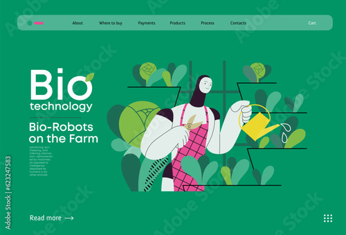 Bio Technology, Robot on farm -modern flat vector concept illustration of bio-robot engaged in agricultural activities. Metaphor of robotics and biotechnology integration, efficiency, sustainability