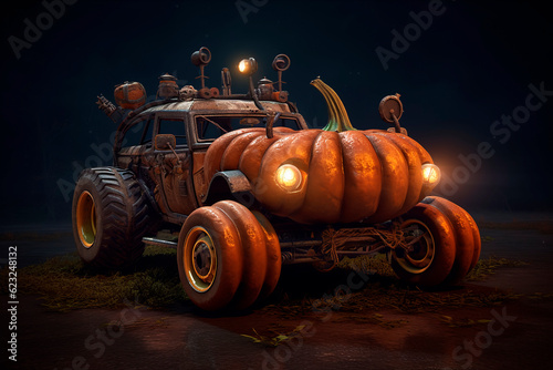 halloween car. Generative AI. car designed in steampunk style of pumpkin. Scary road trip. Image for decoration, advert, poster, shop sign.