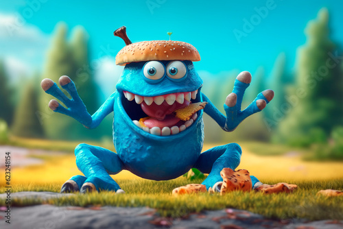 Entertaining character with burger at Lively picnic. Generative AI. lovable monster is delighting in fast food. Finding joy in leisure. Burger day. Food tour. Cute image for pizzeria, cafe, menu.