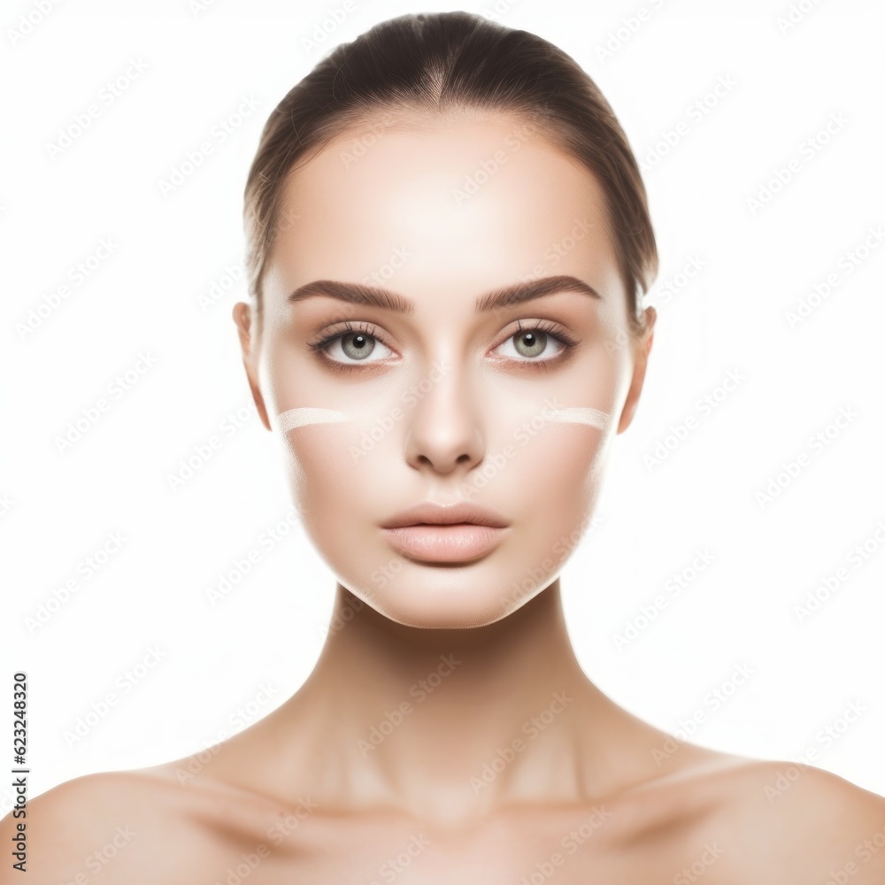 Beautiful young woman with cosmetic cream on her face isolated on white. Beautiful young woman with clean fresh skin. Skincare concept. Beautiful young woman with cosmetic cream on her face isolated on white. Beautiful young woman with clean fresh skin. Skincare concept.