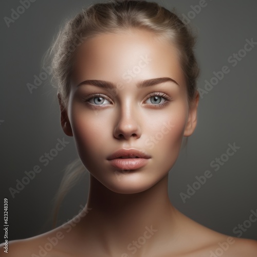 Portrait of beautiful blonde young woman with clean fresh skin, on grey background. Closeup beautiful face of a attractive adult girl with healthy skin. Pretty young woman with blond shot hair