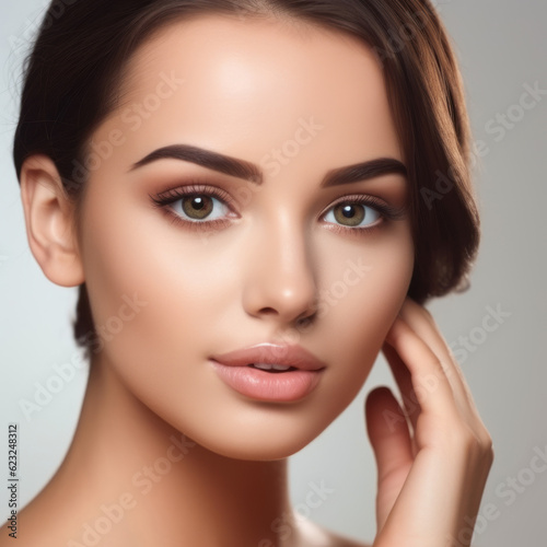 Portrait of beautiful brunette young woman with clean fresh skin  on grey background. Closeup beautiful face of a attractive adult girl with healthy skin.  Pretty young woman with brown shot hair