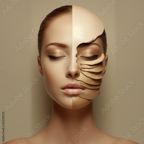 Beautiful young woman with golden facial mask. Skin care concept. Cosmetology. Beauty treatment and plastic surgery concept. Collage of female face with wrinkles on skin. Anti-aging concept of skin