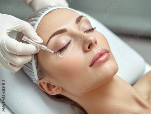 Beautiful young woman getting botox injection in her face at beauty salon. Cosmetology. Young adult woman getting beauty injections in the face.