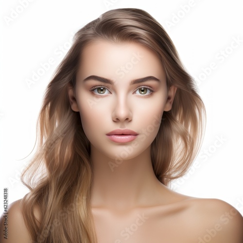 Portrait of beautiful young woman with clean fresh skin, isolated on white. Closeup beautiful face of a attractive adult girl with healthy skin. Pretty young woman with brown long hair