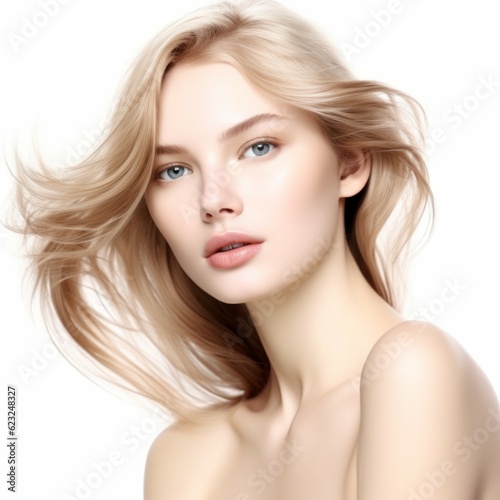 Portrait of a beautiful young woman with long blond hair on white background. Skincare concept. Beauty and Fashion