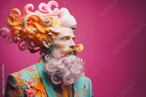 Expressive bearded man with surreal colorful curls in his hair and mustache posing in front of a minimal pastel purple background. Creative barber or hairdresser concept. Generative AI. photo
