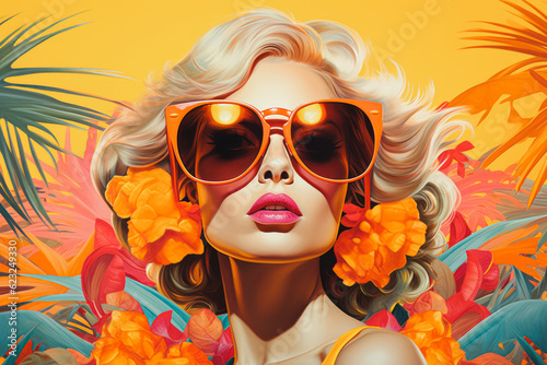 Beautiful girl with orange sunglasses in the style of retro summer travel posters from the 80s. Vacation in a tropical paradise concept. Generative AI.