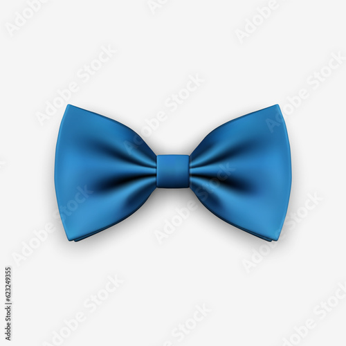 Vector 3d Realistic Blue Bow Tie Icon Closeup Isolated on White Background. Silk Glossy Bowtie, Tie Gentleman. Mockup, Design Template. Bow tie for Man. Mens Fashion, Fathers Day Holiday