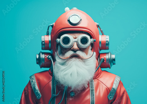 A futuristic Santa Claus with a cyberpunk or dieselpunk suit, helmet, and glasses. Minimal background. Generative AI.