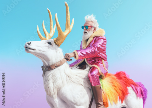 Santa Claus in a colorful ornate suit covered with shiny sequins rides on the back of his reindeer. Minimal pastel background. Generative AI.