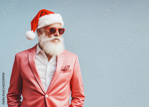 A charming Santa Claus, casually dressed in a printed blazer, in front of a minimalist studio background. Generative AI. photo