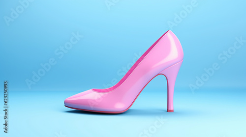 Sapato de mulher rosa com ícone de salto alto isolado em fundo azul. Conceito de minimalismo. ilustração de renderização 3D