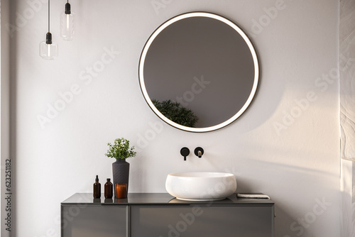 Chic bathroom setup with soap dispensers, towels, plant, black-framed mirror
