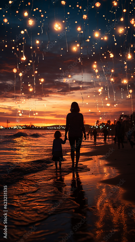 Silhueta de pessoas assistindo fogos de artifício na praia, Dia da Independência, bokeh