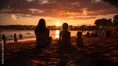 Canvas Print Silhueta de pessoas assistindo fogos de artifício na praia, Dia da Independência
