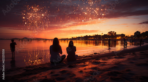 Obraz na płótnie Silhueta de pessoas assistindo fogos de artifício na praia, Dia da Independência