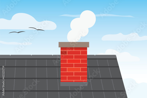 chimney smoke and roof; house heating, air pollution, carbon dioxide concept- vector illustration