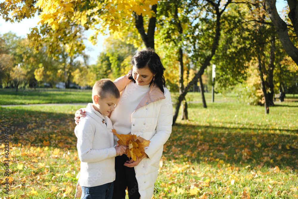 Boy gives his beautiful mother bouquet of yellow leaves. Autumn park on the background Boy gives his beautiful mother bouquet of yellow leaves. Autumn park on the background