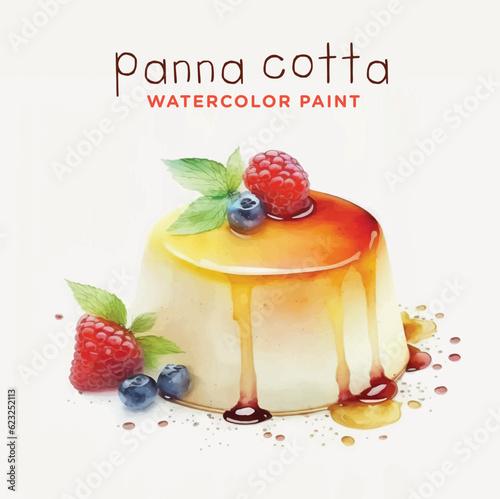 Panna cotta with strawberry and blueberry watercolor paint 