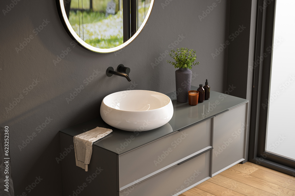 Fototapeta premium Chic bathroom setup with soap dispensers, towels, plant, black-framed mirror 3d Rendering