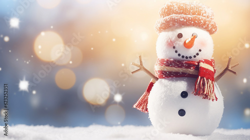 Banner de fundo de natal de férias de inverno - Closeup de boneco de neve engraçado e engraçado com chapéu de lã e cachecol, na paisagem de neve de neve com luzes de bokeh, iluminadas pelo sol
