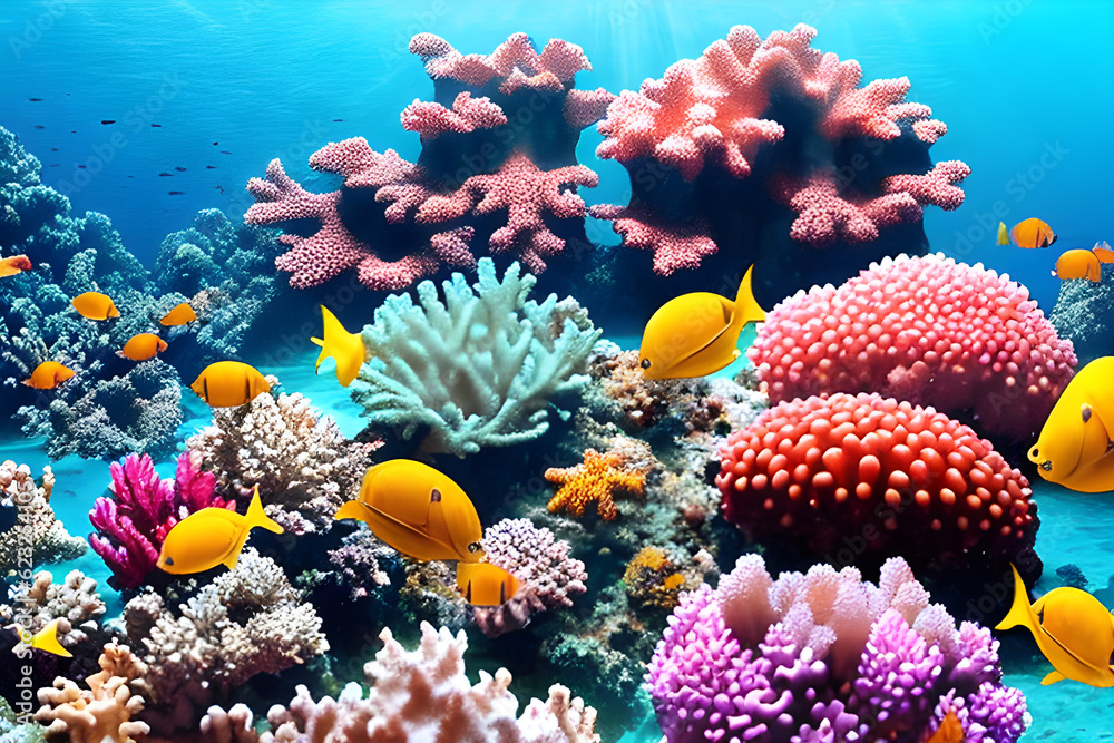 A surreal underwater paradise teeming with vibrant marine life and coral reefs