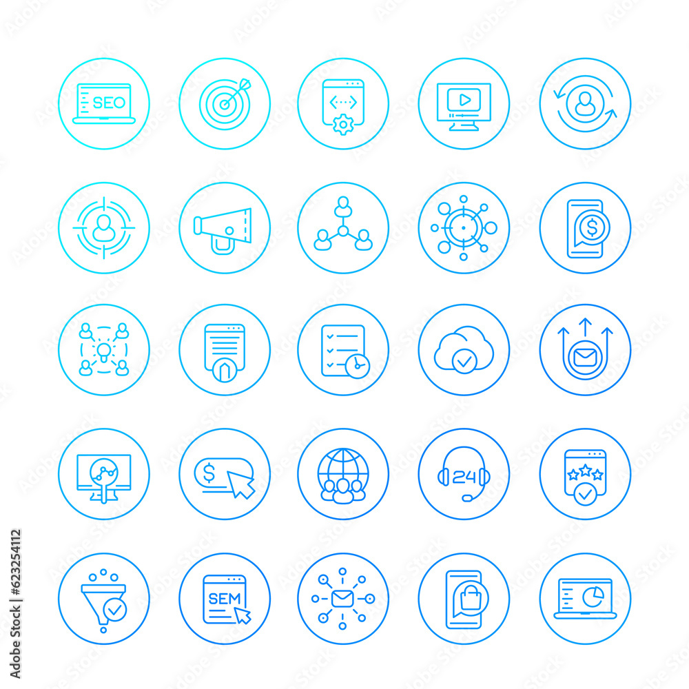 seo and digital marketing icons, linear set