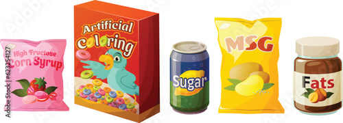 Cute vector illustration of various junk food snacks, candy and beverage.