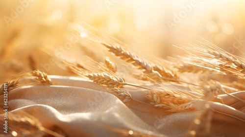golden fabric in a wheat field. Warm bright summer day. Sunset light. Golden color rich background. Generative AI