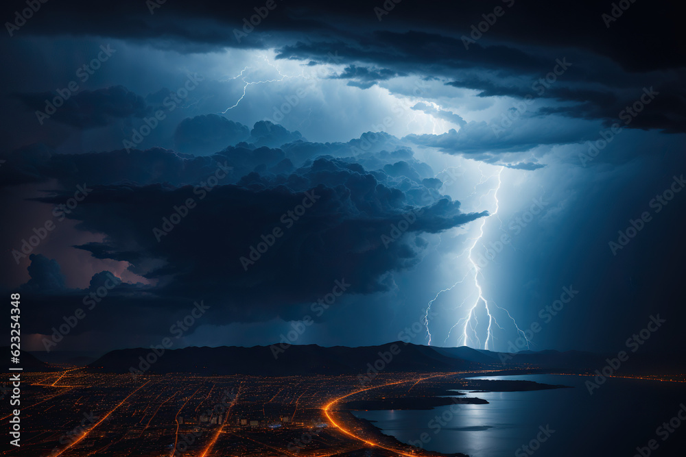 Dramatic Lightning Storm Illuminating the Night Sky with Electrifying Bolts and Dynamic Cloud Formations, Expertly Captured in Storm Photography, Embracing the Natural Spectacle of Atmospheric Electri