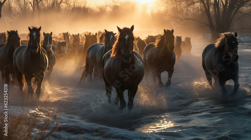 Wild mustangs running in a walley at sunrise photo