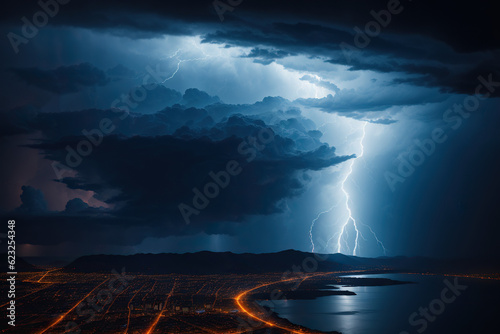 Dramatic Lightning Storm Illuminating the Night Sky with Electrifying Bolts and Dynamic Cloud Formations, Expertly Captured in Storm Photography, Embracing the Natural Spectacle of Atmospheric Electri