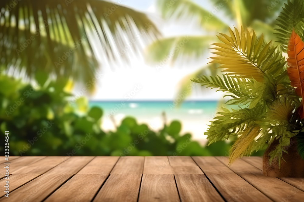 wooden table, exotic palm leaves with blurred beach on background, space for text for advertisement of resorts, rest and relaxation, generative ai