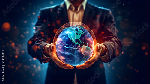 planet with an information network of connections in the hands of a man, a businessman with communication technology in the form of a planet in his hands, generative ai