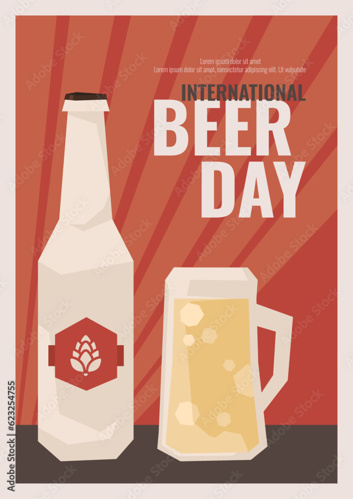 Vector retro poster for International Beer Day. Bottle, bubbling beverage in big glass. Drink festival advertising banner layout. Signboard for alcohol store, bar. Graphic shape decorative elements