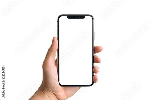 modern smartphone with transparent screen in left hand on transparent background, smartphone in hand, png mockup for any background and any image on the screen, generative ai