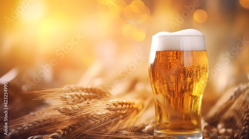 A glass of traditional homemade beer in a golden wheat field. Warm bright summer day. Sunset light. Golden color background. Generative AI