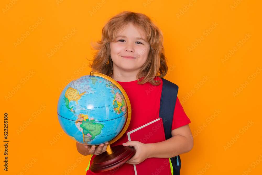 Pupil, nerd schoolboy. School kid with globe and book. Smart clever nerd. Caucasian blonde school boy kid pupil student going back to school. Education and knowledge. Pupil, nerd schoolboy. School kid with globe and book. Smart clever nerd. Caucasian blonde school boy kid pupil student going back to school. Education and knowledge.