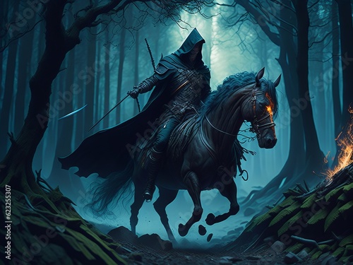 Fantasy horseman in a hood fighting in dark woods with sorcery and magic. Generative AI  © Diatomic