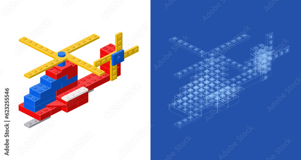 A set of a helicopter and a project assembled from plastic blocks in isometric style for printing and decoration. Vector illustration.