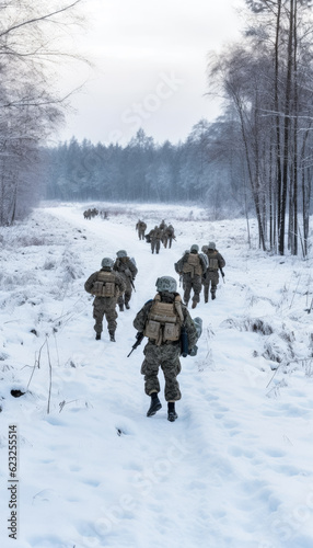 Group of infantry soldiers in uniforms, walking over snow covered landscape, forest near, view from behind. Military conflict or war in cold weather or arctic region concept. Generative AI