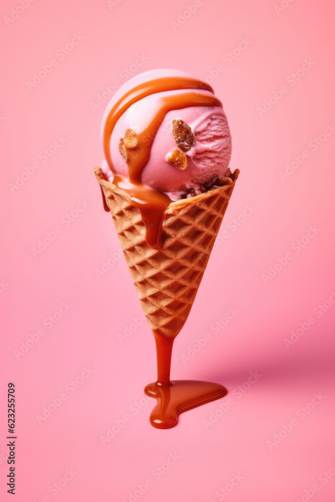 Strawberry ice cream with caramel in a waffle cone. Creme brulee. Isolated on light pink background. Modern summer concept. Place for text Strawberry ice cream with caramel in a waffle cone. Creme brulee. Isolated on light pink background. Modern summer concept. Place for text