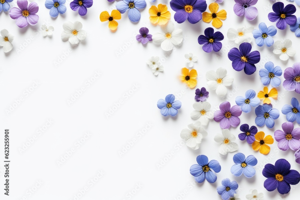 Frame with little colorful flowers on clear white background. Greeting card template for wedding, mothers or womans day. Springtime composition with copy space. Flat lay style Frame with little colorful flowers on clear white background. Greeting card template for wedding, mothers or womans day. Springtime composition with copy space. Flat lay style