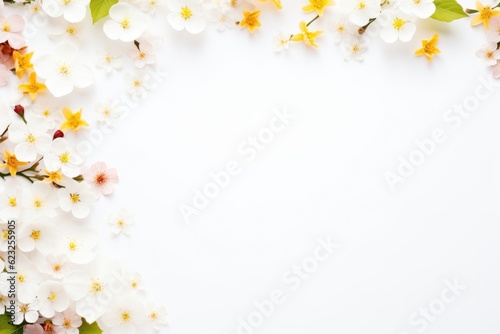 Frame with flowers on clear white background. Greeting card template for wedding, mothers or womans day. Springtime composition with copy space. Flat lay style