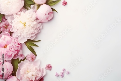 Frame with pink peonies on clear white background. Greeting card template for wedding, mothers or womans day. Springtime composition with copy space. Flat lay style © ratatosk